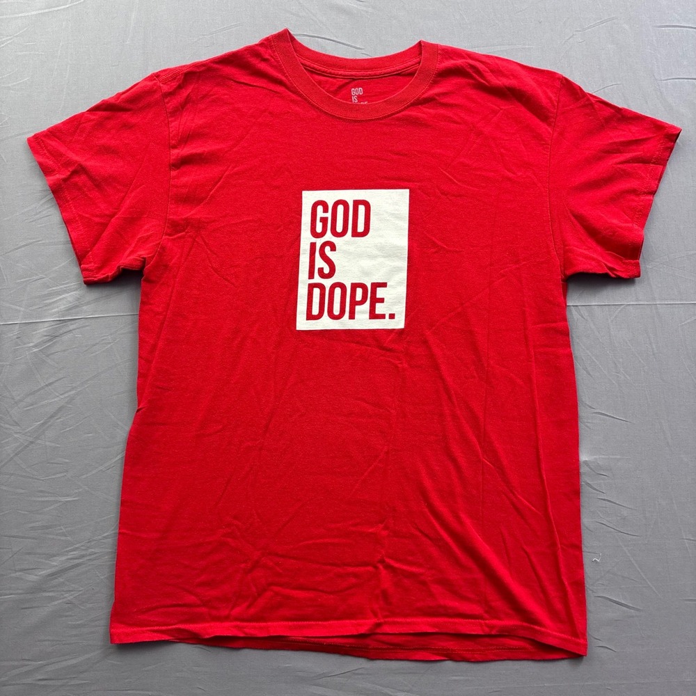 God Is Dope Mens Graphic T-Shirt Red‎ Short Sleeve Cotton Logo Tee Large